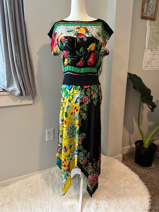 Vintage Dresses & Skirts - 70s vintage handkerchief patchwork colorful asymmetric maxi dress size medium